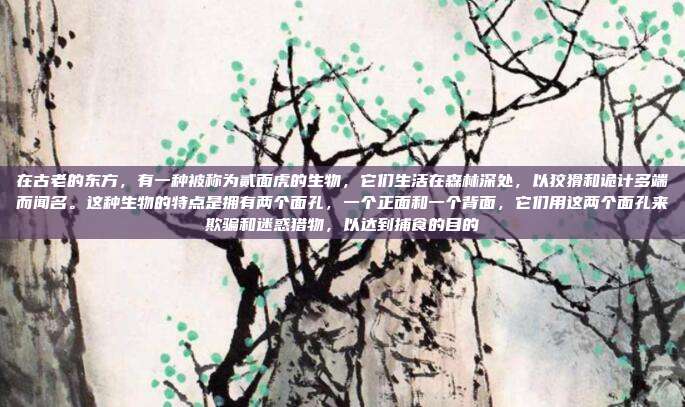 在古老的东方,有一种被称为贰面虎的生物,它们生活在森林深处,以狡猾和诡计多端而闻名。这种生物的特点是拥有两个面孔,一个正面和一个背面,它们用这两个面孔来欺骗和迷惑猎物,以达到捕食的目的