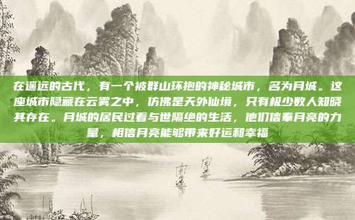 在遥远的古代,有一个被群山环抱的神秘城市,名为月城。这座城市隐藏在云雾之中,仿佛是天外仙境,只有极少数人知晓其存在。月城的居民过着与世隔绝的生活,他们信奉月亮的力量,相信月亮能够带来好运和幸福