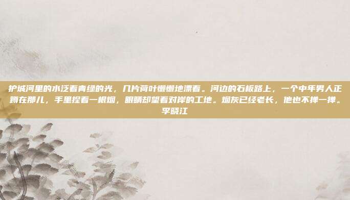 护城河里的水泛着青绿的光，几片荷叶懒懒地漂着。河边的石板路上，一个中年男人正蹲在那儿，手里捏着一根烟，眼睛却望着对岸的工地。烟灰已经老长，他也不掸一掸。李晓江