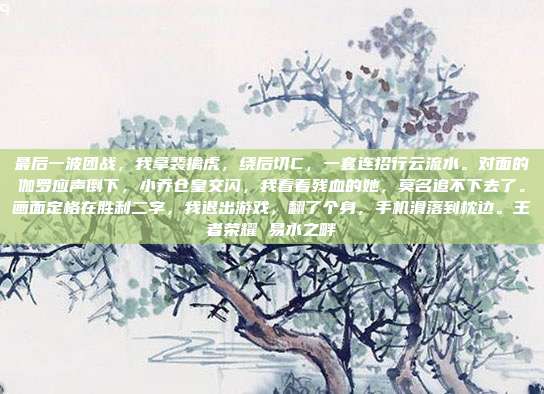最后一波团战,我拿裴擒虎,绕后切C,一套连招行云流水。对面的伽罗应声倒下,小乔仓皇交闪,我看着残血的她,莫名追不下去了。画面定格在胜利二字,我退出游戏,翻了个身,手机滑落到枕边。王者荣耀 易水之畔