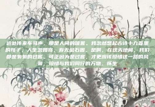 远处传来车马声，那是人间的喧嚣。我忽然想起古诗十九首里的句子，人生忽如寄，寿无金石固。是啊，在这天地间，我们都是匆匆的过客。可正因为是过客，才更应该珍惜这一路的风景，珍惜与我们同行的万物。怀生