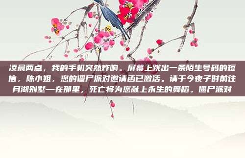 凌晨两点,我的手机突然炸响。屏幕上跳出一条陌生号码的短信,陈小姐,您的僵尸派对邀请函已激活。请于今夜子时前往月湖别墅—在那里,死亡将为您献上永生的舞蹈。僵尸派对