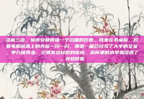凌晨三点，城市安静得像一个沉睡的巨兽。我坐在书桌前，盯着电脑屏幕上的光标一闪一闪，那是一篇已经写了大半的文案，甲方催得急。空调发出轻微的嗡鸣，茶杯里的水早就凉透了。突然咳嗽