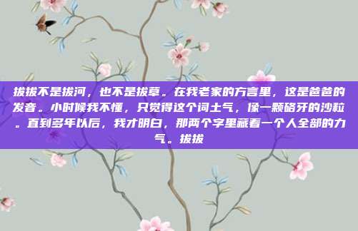 拔拔不是拔河,也不是拔草。在我老家的方言里,这是爸爸的发音。小时候我不懂,只觉得这个词土气,像一颗硌牙的沙粒。直到多年以后,我才明白,那两个字里藏着一个人全部的力气。拔拔