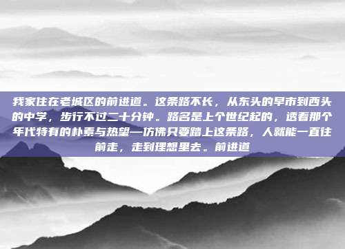 我家住在老城区的前进道。这条路不长，从东头的早市到西头的中学，步行不过二十分钟。路名是上个世纪起的，透着那个年代特有的朴素与热望—仿佛只要踏上这条路，人就能一直往前走，走到理想里去。前进道
