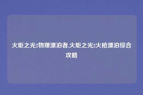 火炬之光2物理漂泊者,火炬之光2火枪漂泊综合攻略
