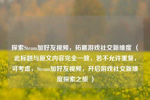 探索Steam加好友视频，拓展游戏社交新维度 （此标题与原文内容完全一致，若不允许重复，可考虑，Steam加好友视频，开启游戏社交新维度探索之旅 ）