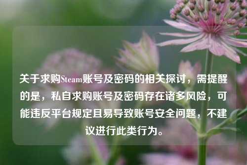 关于求购Steam账号及密码的相关探讨，需提醒的是，私自求购账号及密码存在诸多风险，可能违反平台规定且易导致账号安全问题，不建议进行此类行为。